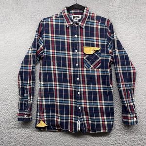 Won Men's Button Down Shirt Blue Plaid Flannel Long Sleeve Collar Pocket Size L
